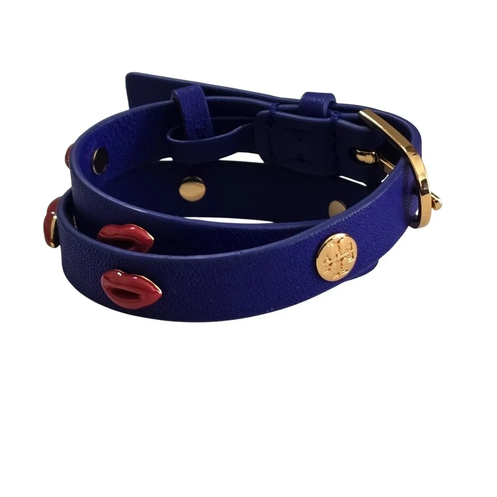 Tory Burch Blue‎ Leather Wrap Bracelet Gold Tone Red Lips Charm Adjustable